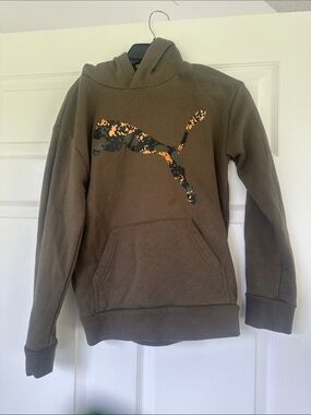 Puma Olive Green Hoodie with Orange Camo Logo